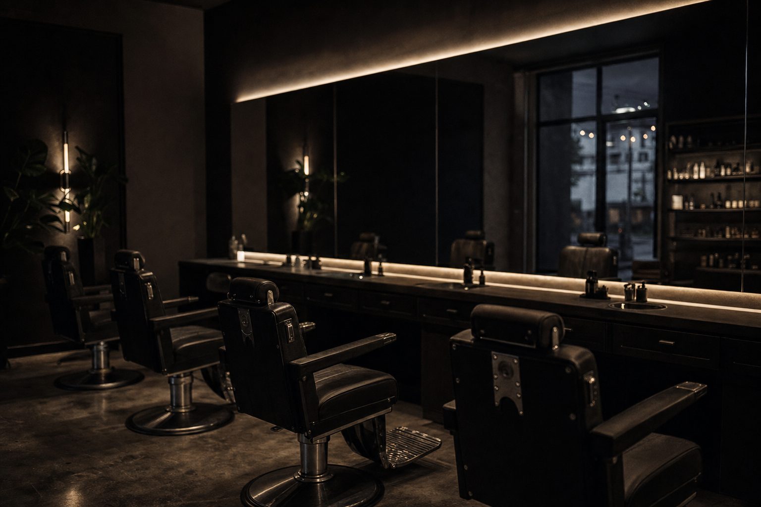 Interior of CDP Barbers with black barber chairs and a lit mirror wall